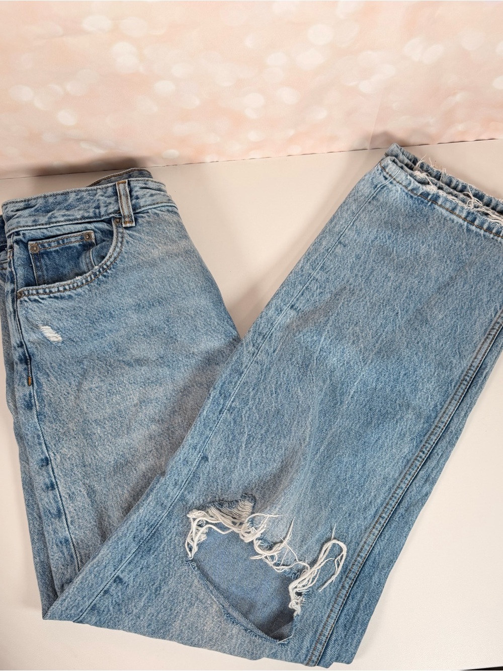 ZARA Light Wash Ripped Straight Leg Jeans